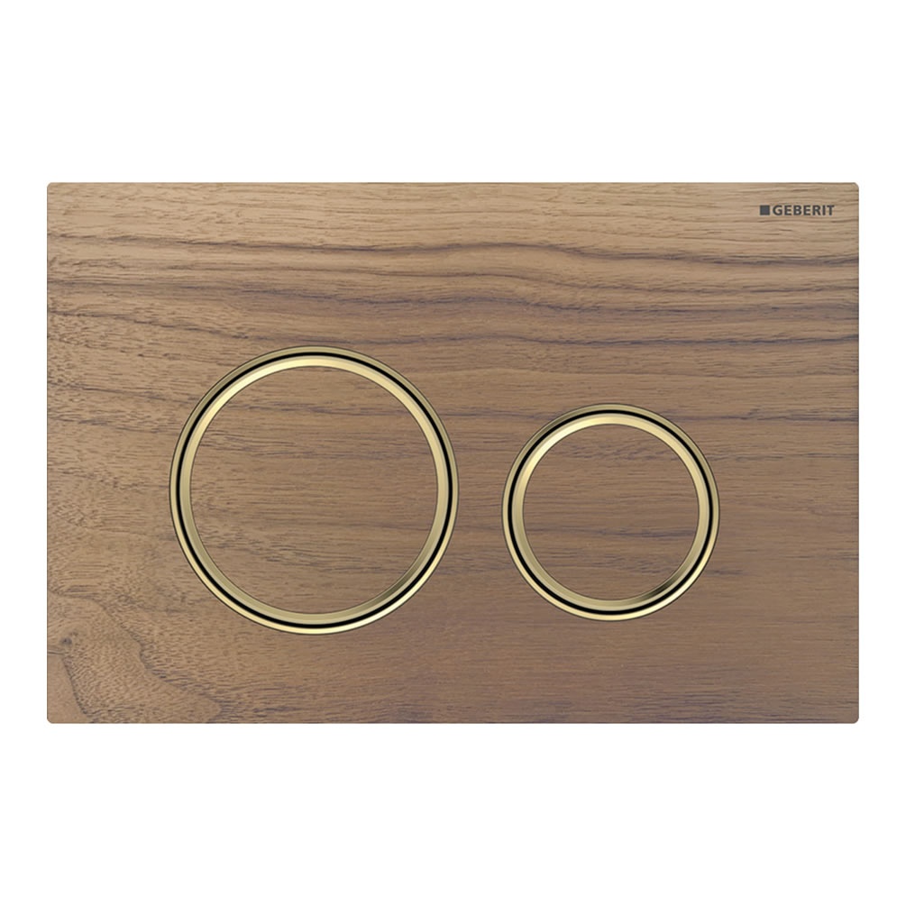 Cutout image of Geberit Sigma50 Round Walnut Black / Brushed Brass Dual Flush Plate